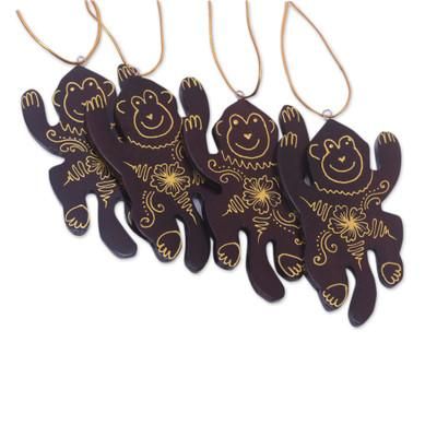Happy Monkeys,'Set of 4 Mahogany Wood Hand-Painted Monkey Ornaments'