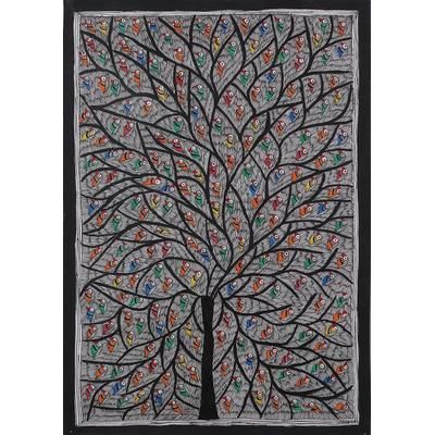 Parrot Harmony,'Signed Madhubani Painting of Parrots in a Tree from India'