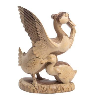 Protective Mother,'Hibiscus Wood Sculpture of a Mother Duck and Duckling'