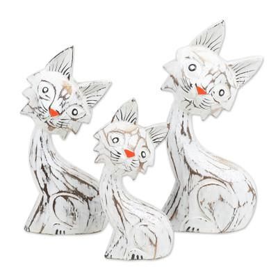 Feline Noses,'Set of 3 Handmade White and Red Albesia Wood Cat Statuettes'