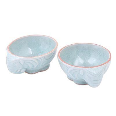 Elephant Companion in Aqua,'Aqua Elephant Motif Celadon Bowls (Pair)'