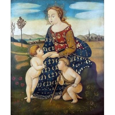 Holy Family with Saint John,'Oil on Canvas Madonna Painting with Jesus and John'