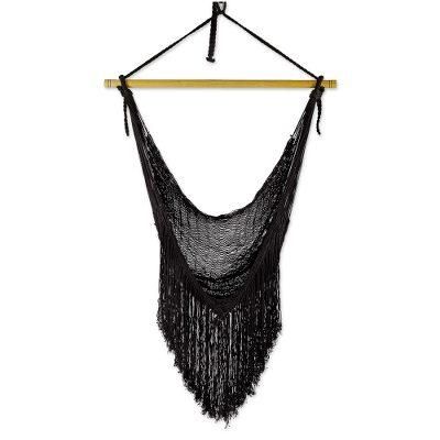 Sea Breezes in Black,'Black Fringed Cotton Rope Mayan Hammock Swing from Mexico'