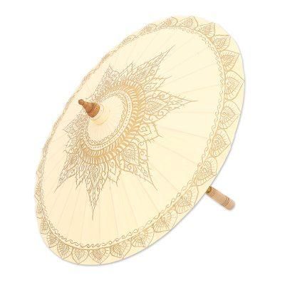 'Hand-Painted Cotton and Bamboo Cream Parasol from Thailand'