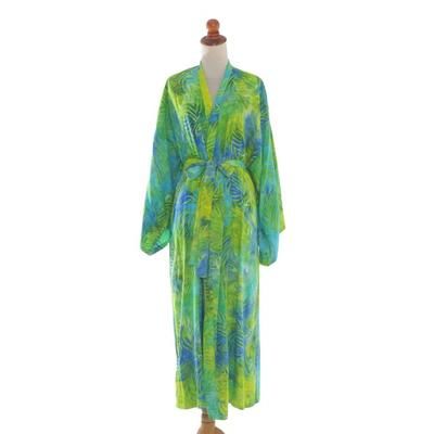 Leafy Haven,'Blue and Green Rayon Batik Leafy Garden Long Sleeved Robe'