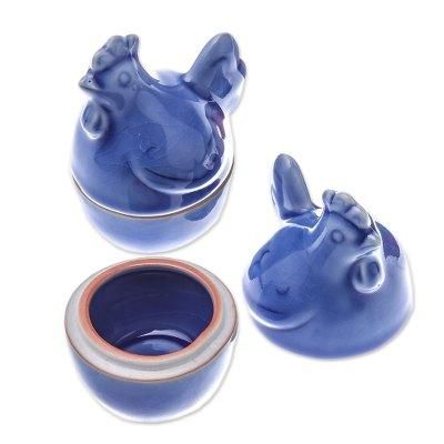 Hen Breakfast,'Blue Ceramic Hen Egg Cups from Thailand (Pair)'