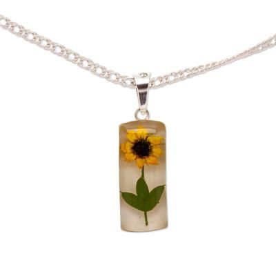 Sun Gift,'Cylindrical Natural Sunflower Resin Pendant Necklace'