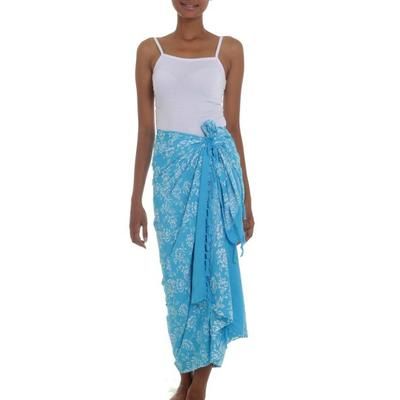 Tropical Garden in Cerulean,'Cerulean Blue Rayon Batik Sarong with Fringed Ends'