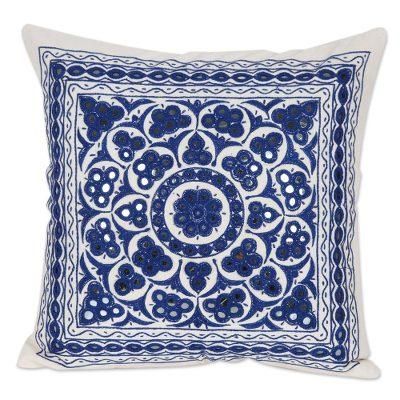Royal Blue,'Embroidered Cotton Cushion Cover from India'