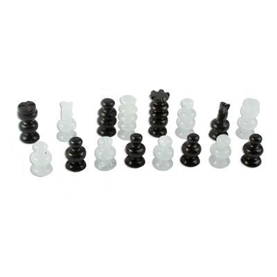 'Petite Mexican Black Obsidian-White Marble Chess Pieces Set'