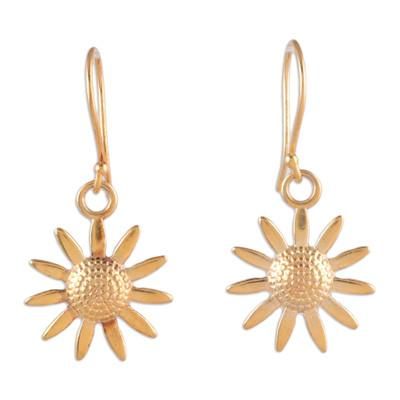 Sunflower Glory,'22k Gold-Plated Sunflower Dangle Earrings from India'