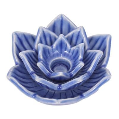 Lotus Flower in Blue,'Blue Celadon Ceramic Candle Holder Handmade in Thailand'