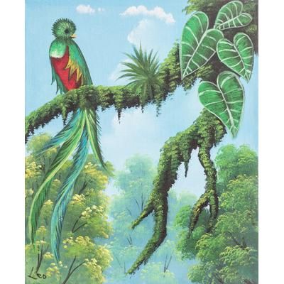 Beautiful Quetzal,'Impressionist Oil Painting of Quetzal Bird in The Forest'