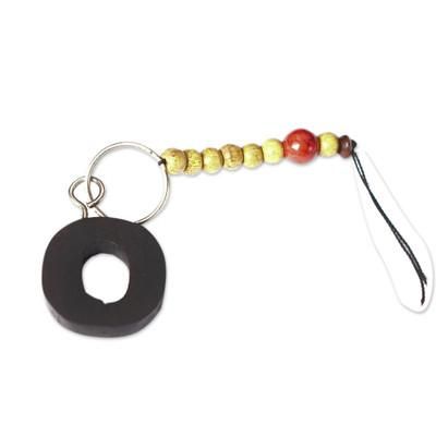The Letter O,'Ebony Keychain of Letter O with Recycled Glass & Wood Beads'