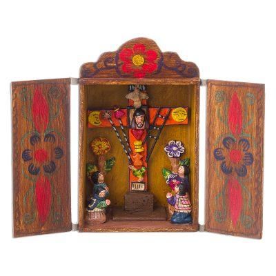 'Cross of Lamentation' - Hand Made Religious Wood Retablo Diorama Andean Folk