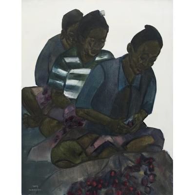 Peeling Onions,'Expressionist Painting of Women Peeling Onions'