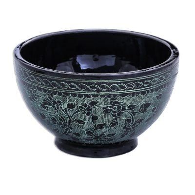 Verdant Floral Forest,'Black and Green Thai Lacquered Wood Decorative Bowl'