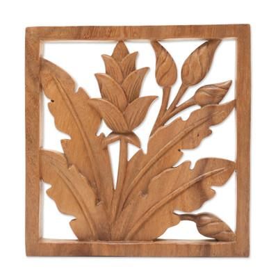 'Hand-Carved Balinese Floral and Leafy Suar Wood Wall Panel'