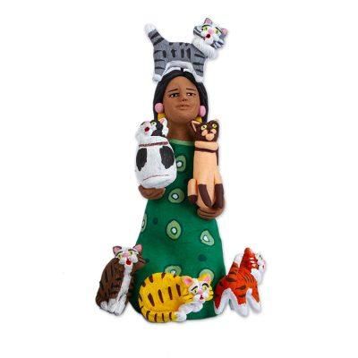 Woman with Cats in Green,'Ceramic Cat Woman Sculpture in Green from Mexico'