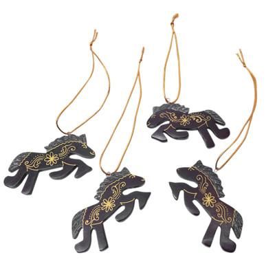 Little Horses,'Set of 4 Handmade Mahogany Wood Horse Ornaments from Bali'