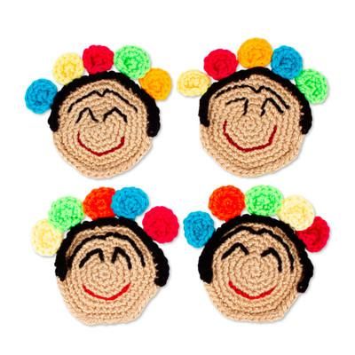 Festive Frida,'Set of 4 Frida Kahlo Crocheted Coasters from Mexico'
