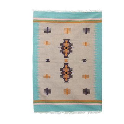 Beach Caravan,'4x6 Wool Dhurrie Rug with a Border in Mint from India'