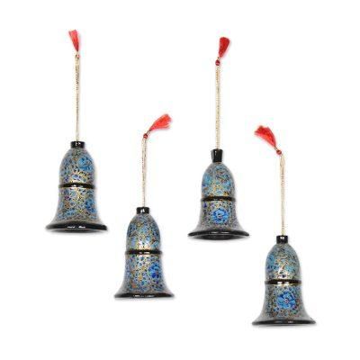 Blue Bloom,'Papier Mache Bell Ornaments in Blue from India (Set of 4)'