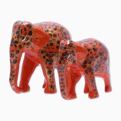Red Connection,'Floral Papier Mache Elephant Sculptures in Red (Pair)'