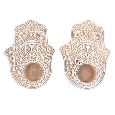 Illuminated Hamsa,'Wood Hamsa Hand Tealight Candle Holders (Pair)'