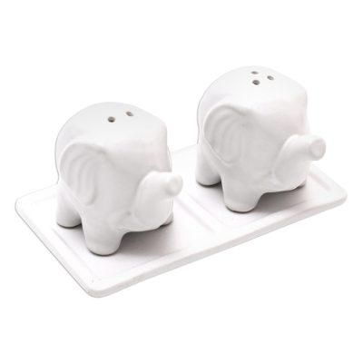 Eager Elephants in White,'Matte White Ceramic Elephant Salt and Pepper Set with Tray'