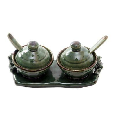 Sacred Frog,'Handmade Ceramic Frog-Motif Condiment Set (5 Pcs)'