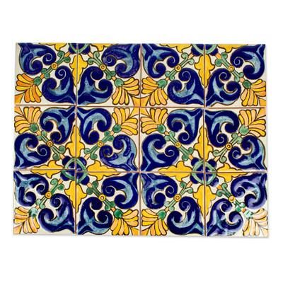 Colorful Fans,'Handmade Talavera-Style Tiles (Set of 12)'