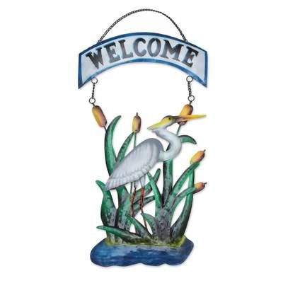 Lake Greeting,'Nature-Themed Hand-Painted Iron Welcome Sign from Bali'