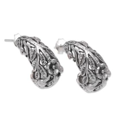 'Sterling Silver Leaf and Flower Half-Hoop Earrings from Bali'
