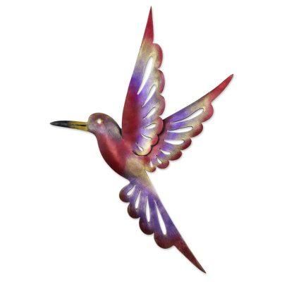 'Rosy Hummingbird' (15 inches) - Steel Bird Wall Sculpture