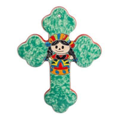 Faithful Doll,'Majolica Style Ceramic Wall Cross with Doll Motif'