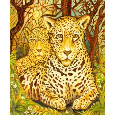 Jaguars,'Oil and Acrylic on Wood of Two Jaguars in a Jungle'