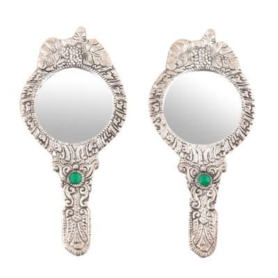 Leafy Paradise,'Pair of Antiqued Aluminum Hand Mirrors with Beads from India'