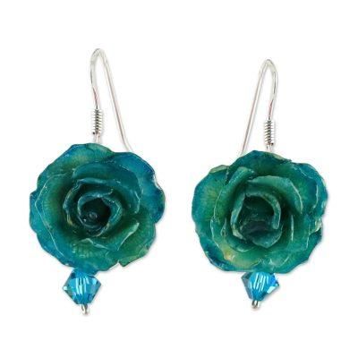 Floral Temptation in Green,'Natural Rose Dangle Earrings in Green from Thailand'
