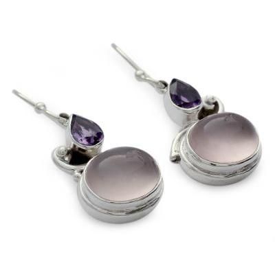 'Mumbai Dawn' - Rose Quartz and Amethyst Earrings on Sterl