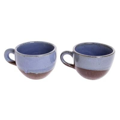 Sea Blue Morning,'Blue and Brown Ceramic Coffee Cups from Honduras (Pair)'