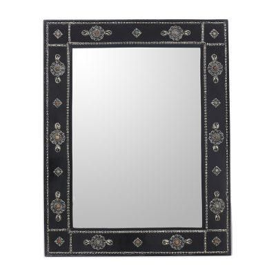 Teak mirror, 'Ebony Jewels'