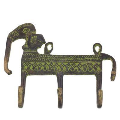 'Antiqued Brass Indian Elephant Theme 3-Hook Coat Rack'