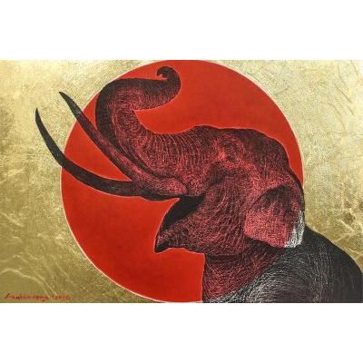 Happiness Smile I,'Signed Painting of an Elephant Against the Sun'