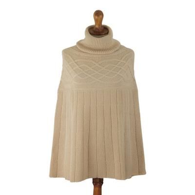 Natural Ivory,'Braided Detail Ivory Alpaca Blend Poncho from Peru'