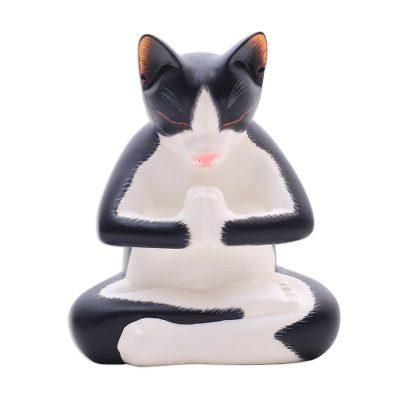 Meditating Tuxedo Kitty,'Wood Sculpture of a Meditating Tuxedo Cat from Bali'