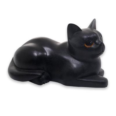 Wood sculpture, 'Stay Calm Black Cat'
