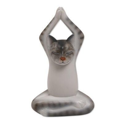 Toward the Sky Grey Yoga Cat,'Painted Suar Wood Sculpture of a Yoga Cat in Grey from Bali'