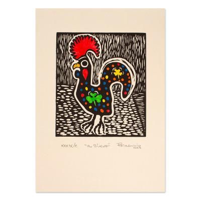 Eggcellent,'Mexican-Made Signed Limited Edition Rooster Woodcut Print'