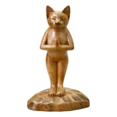 Wood sculpture, 'Cat Gives Thanks' - Hand Crafted Wood Sculpture